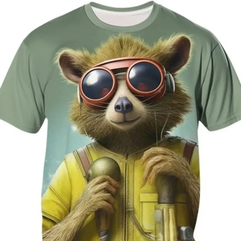 Men 3D Full Print Tee Pilot Raccoon With Goggles Cartoon Crew Neck Casual Summer Top