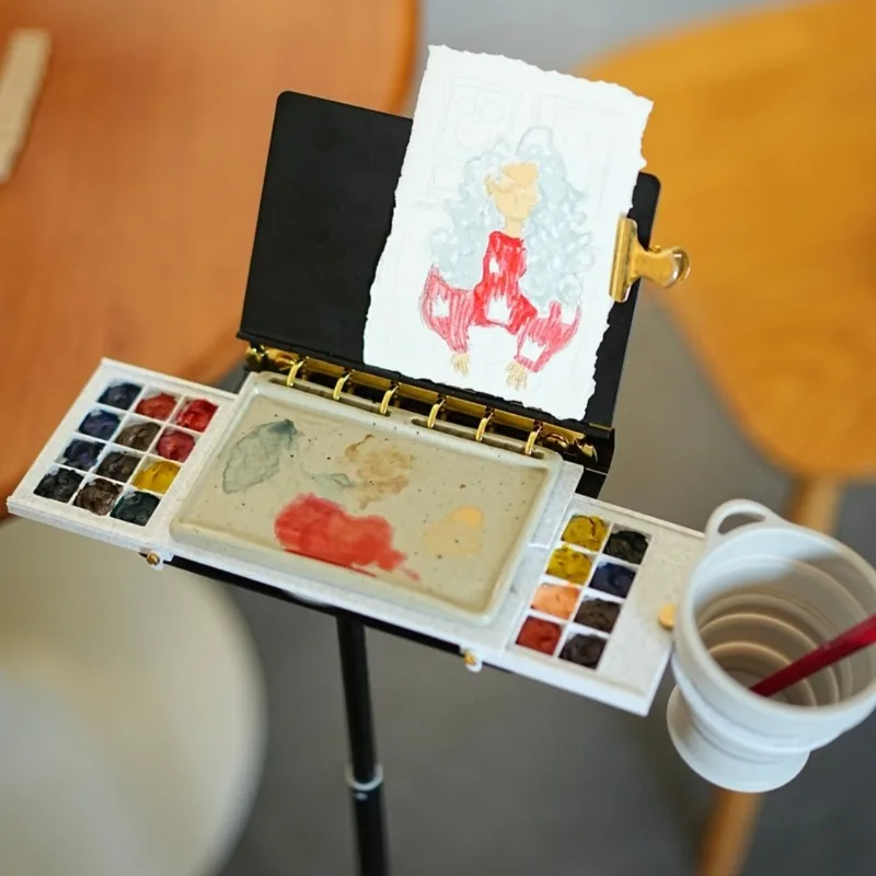 A7 Retro Black Gold Hand-drawn Folded Notebook Watercolor Palette Portable Sketchbook Artists Travel Drawing Easel Art Supplies