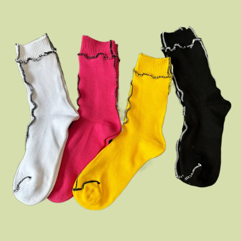

5/10 Pairs New Fashion Women's Pile Trend Breathable Casual Socks Autumn And Winter Black Edge Solid Color Cotton Mid-tube Socks