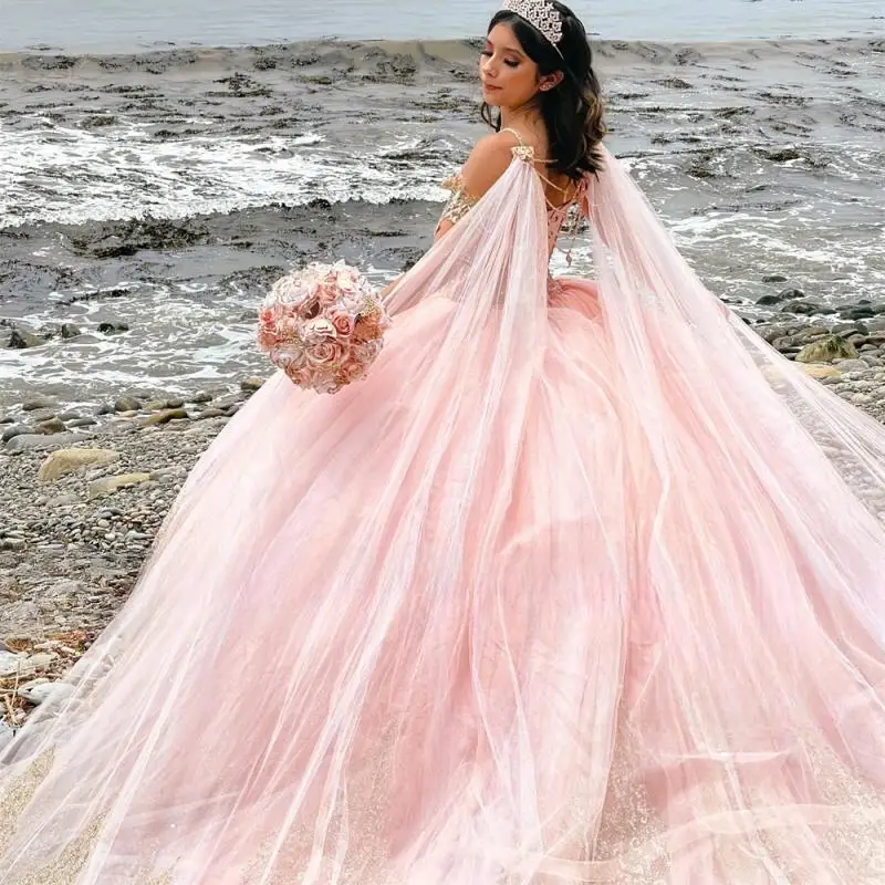 Dazzling Pink Off The Shoulder Quinceanera Dresses Gold Appliques Beads Tassels Ball Gown With Cape Mexican Wedding Party Dress