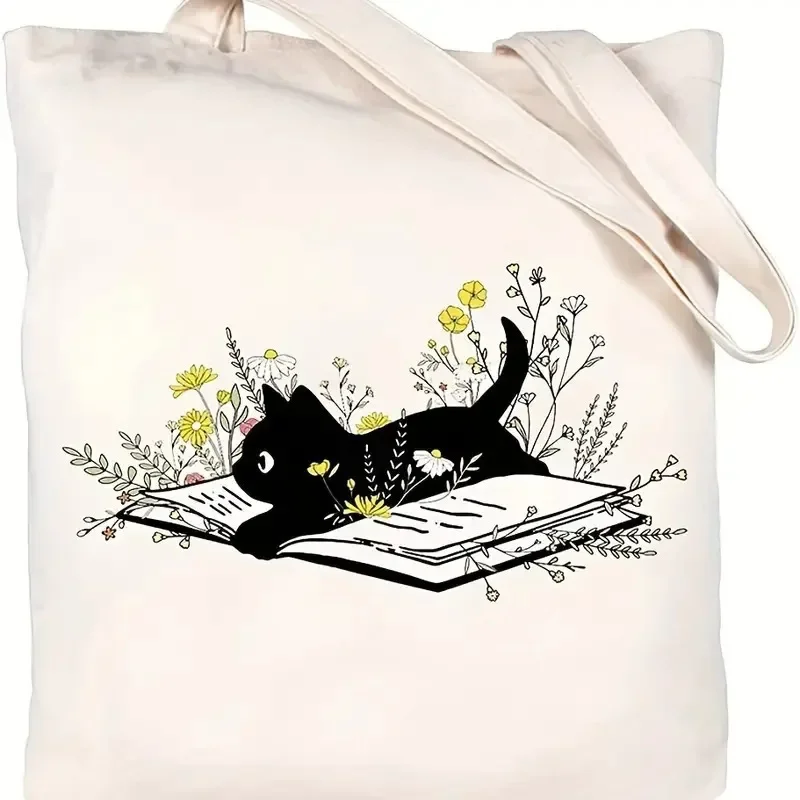 Black Cat Lying on a Book Surrounded by Flowers Daily Shopping Bag Large Capacity Women Shoulder Tote Bags Canvas Girls Handbag