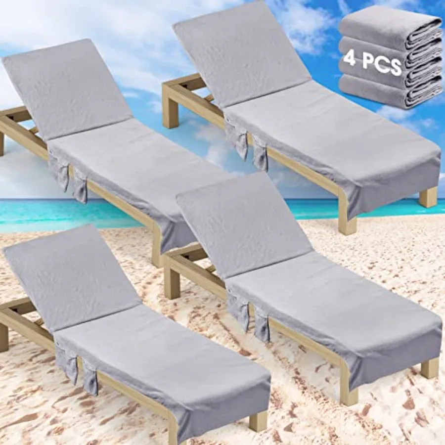

4 Pcs Beach Chair Cover with Side Pockets Soft Lounge Chair Towels Cotton Microfiber Pool Lounge Chair Towel Covers with Pocket