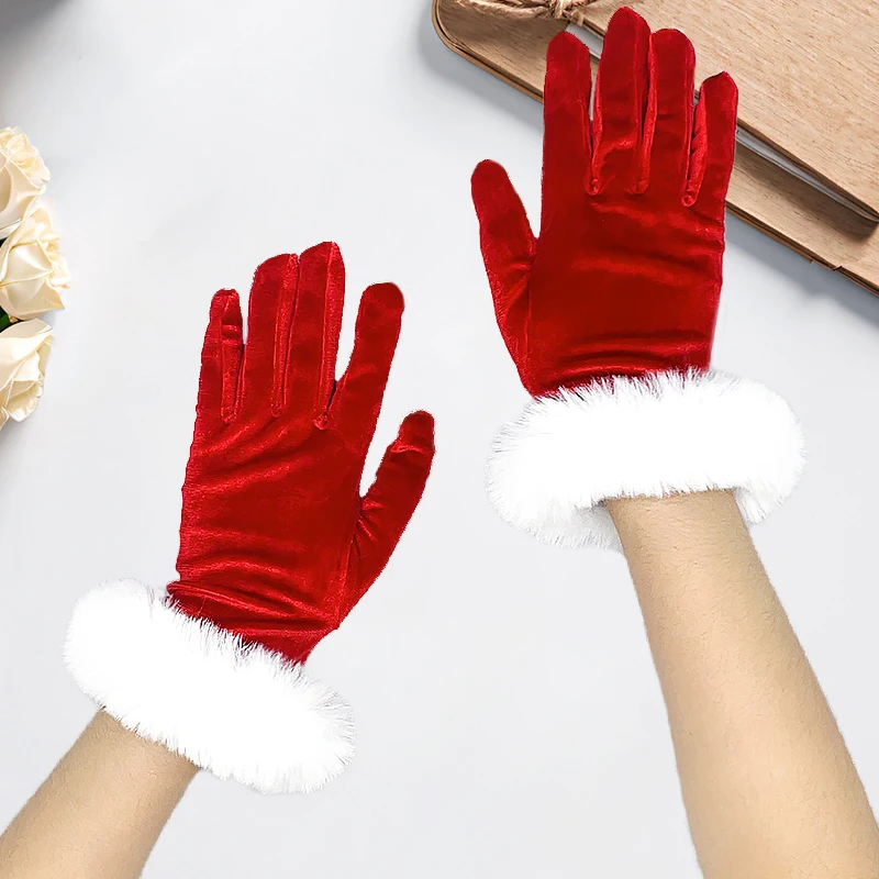 1pair Christmas Red Velvet Gloves White Fluffy Plush Warm Cosplay Full Finger Glove Women Xmas New Year Stage Perform Photo Prop