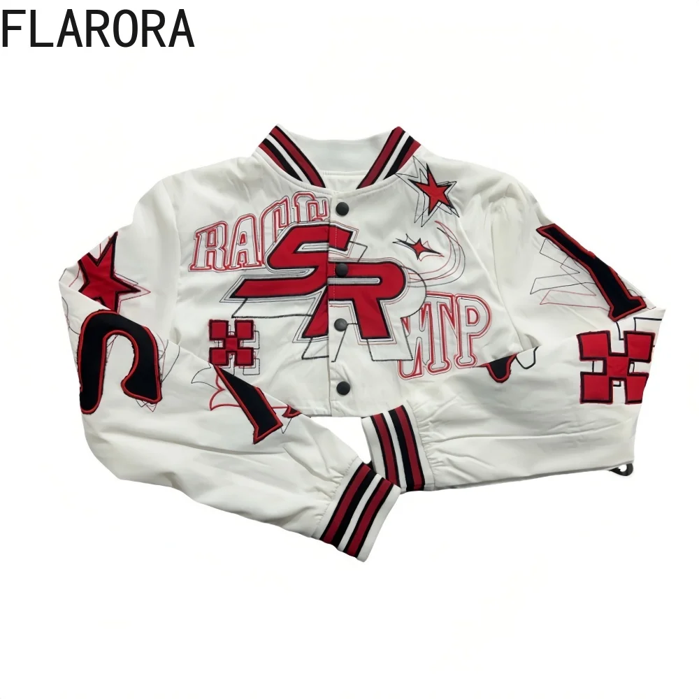 FLARORA Retro Letter Print Embroidered Baseball Jackets Woman Long Sleeve Stand Collar Crop Coat Autumn Y2k Streetwear Jacket