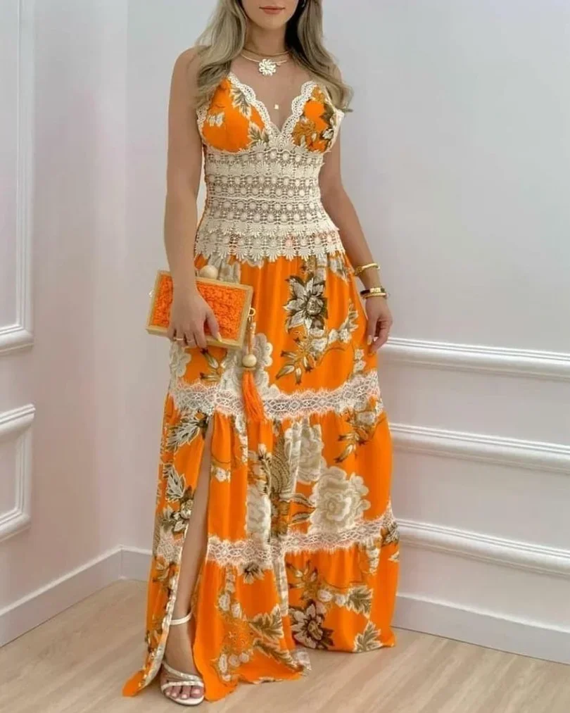 2025 African Dresses For Women Sexy Long Lace Maxi Dress Summer Slim Backless Elegant Fashion Print Swing Dress Africa Clothing