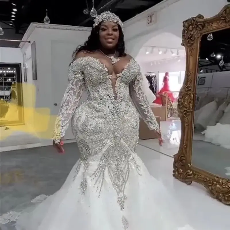 

Customized Plus size Mermaid Wedding Dresses Luxury Sparkly Crystal Lace Beaded Royal Train Long Sleeve Black Girl Bridal Gown