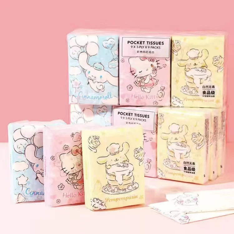 9Pcs Set Kawaii Sanrio Tissue Cartoon Hellokitty Cinnamorroll Anime Printed Handkerchief Cute Girl Portable Toilet Paper