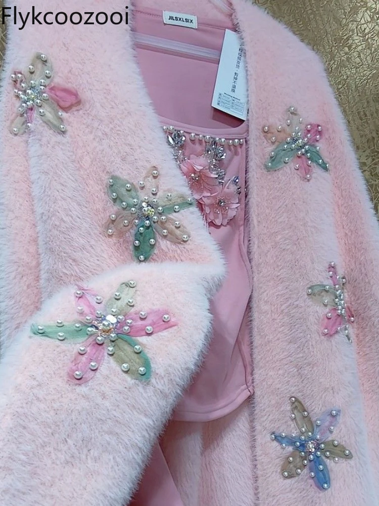 Fairy Pink Thickened Three-dimensional Plus-size Color Dopamine Covered in Flowers Fluffy Long Coat Casual Knitted Cardigan