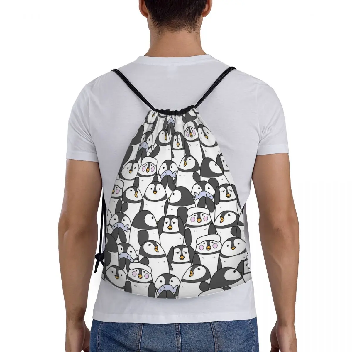 Hand Drawn Penguin Set Backpacks Multi-function Drawstring Bags Shoes Bag Book Bags for Travel School