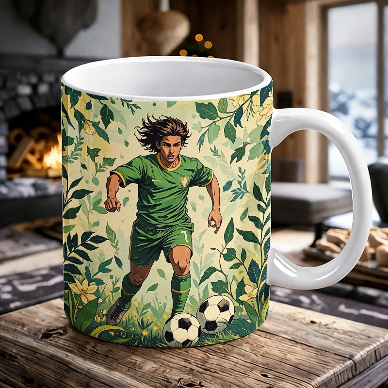 Botanical Green Football Legend Mug, No.7 Jersey Soccer Star Ceramic Cup, 11oz Nature Aesthetic Sport Fan Daily Drinkware