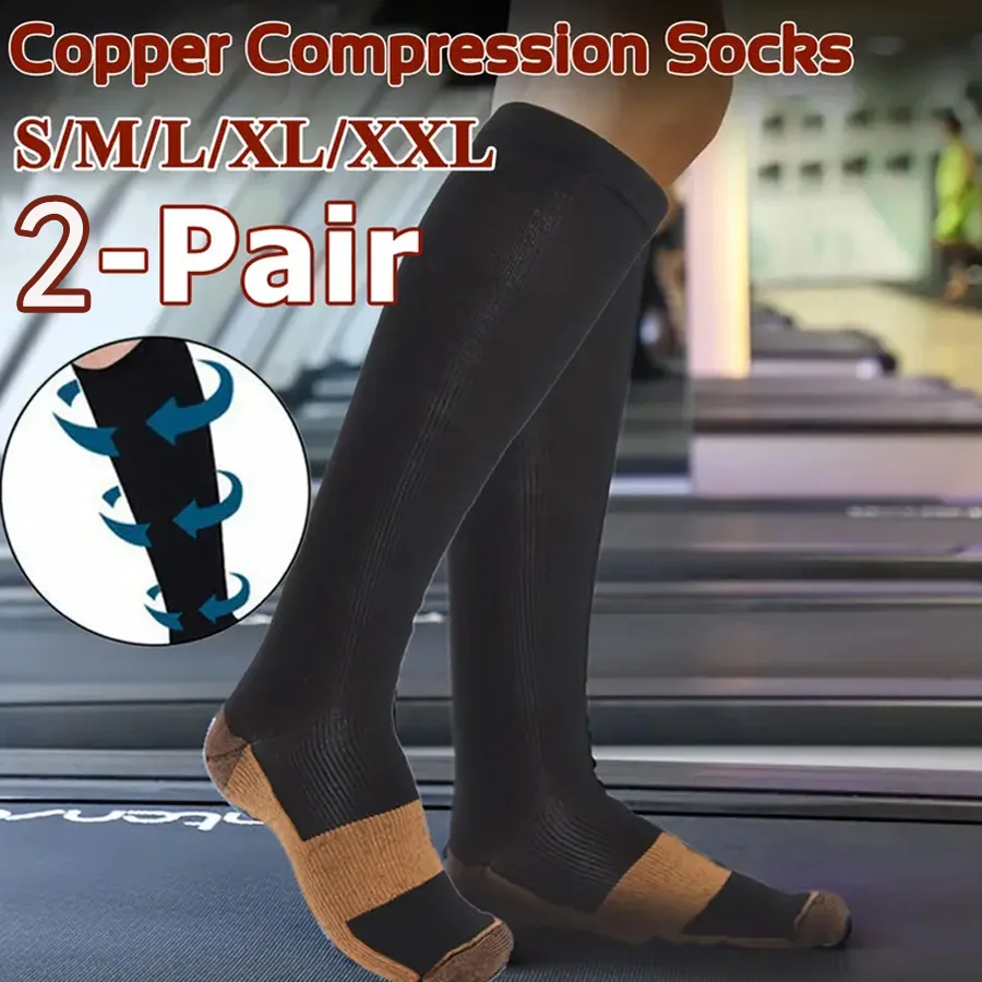 

2 пары медных компрессионных носков для женщин и мужчин, носки до колена с поддержкой икры для бега, езды на велосипеде и путешествий