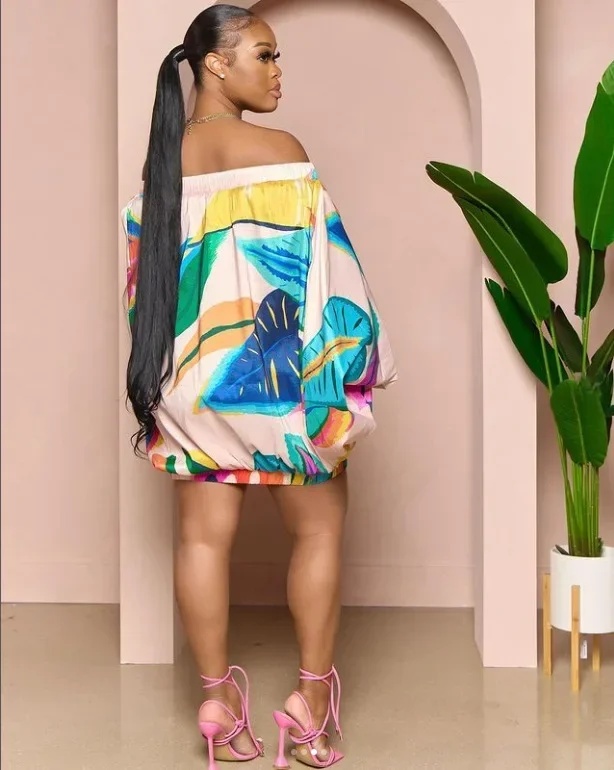 Abiti da donna vintage moda orlo elasticizzato con spalle scoperte collo slash lanterna manica lunga stampata abito da ballo grembiule abiti