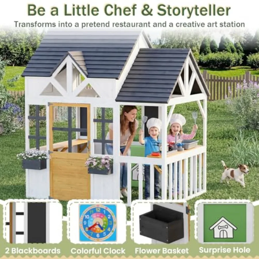 Outdoor Wooden Play House For Kids 0.56 Years: Black-And-White Finish, Elevated Roof, Kitchen Toys, Blackboard, Magnetic Door,