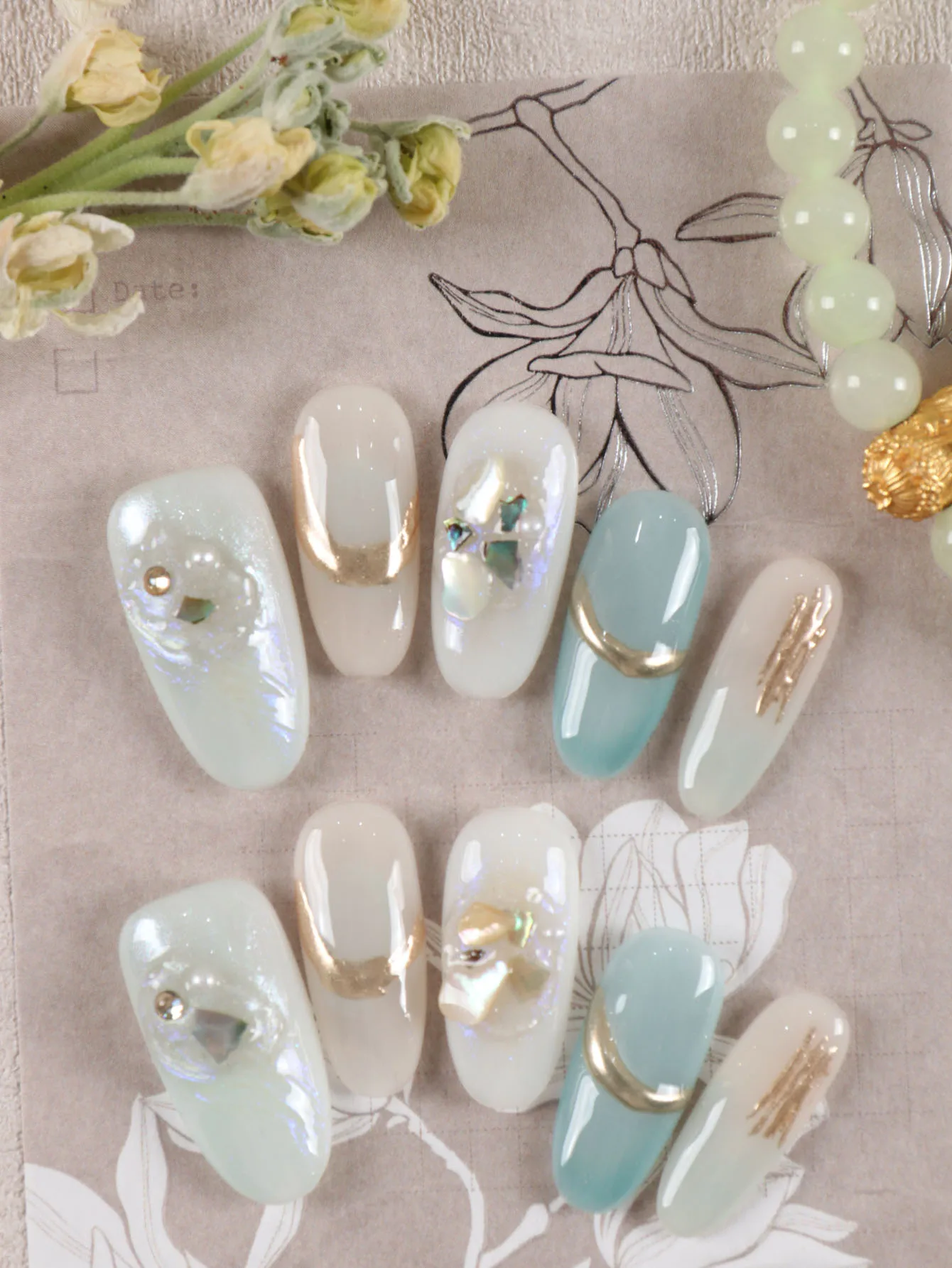 10Pcs Press on Nails Blue Cat's Eye Golden Long Fake Nails Includes 1 Sheet of Adhesive Tabs & 1 Pc Mini File