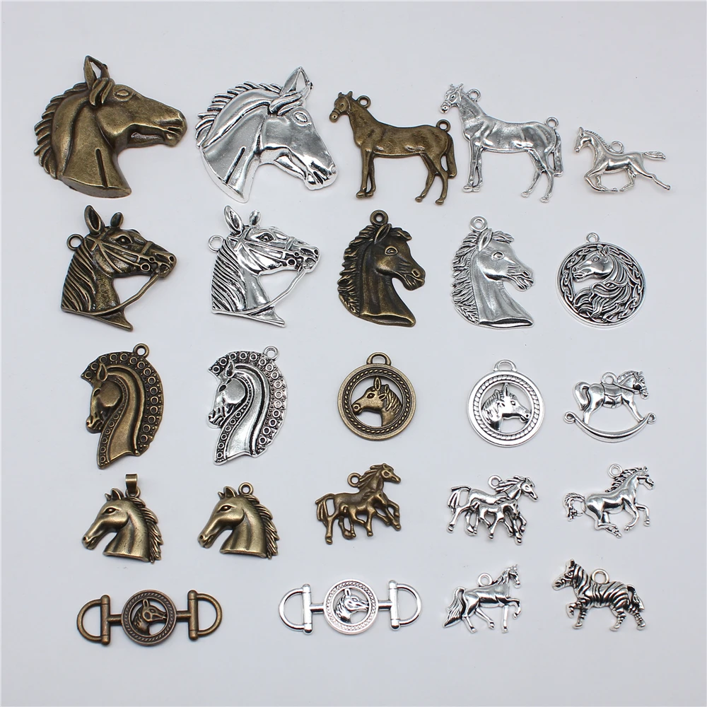 5pcs Charms Horse & Horse Head Antique Bronze Silver Color Pendants Antique Jewelry Making DIY Handmade Craft