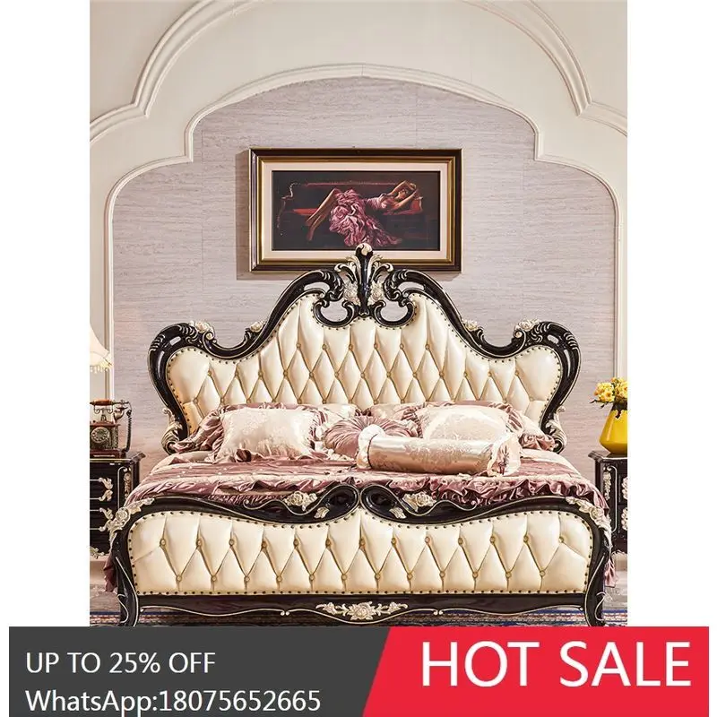 HLZ Solid Wood Bed European Style Genuine Leather 1.8m Double Bed Bedroom Ebony Color Furniture