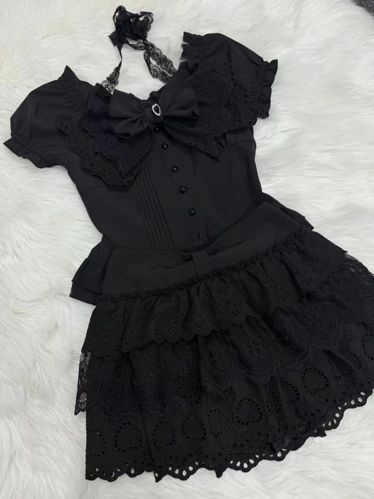 Japanese Retro Bow Slim Puff Sleeve T-Shirts + High-waist Lace Cake Skirt Suit Summer New Dark Academic Style 2-piece Set Women image 5