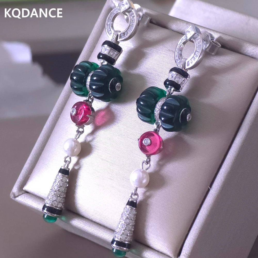 

KQDANCE Solid 925 Silver High carbon Diamond Carved Green Red Gemstone Leaf Fruit Style Pearl Long Drop Earrings For Women