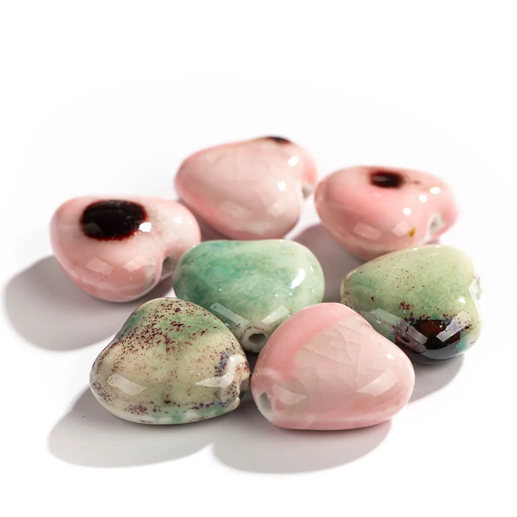 25#2pcs Heart Shape Kiln Pink Blue Color Ceramic Beads  Handmade Jewelry Making Supplies Bulk Wholesale  Necklace  #XN314