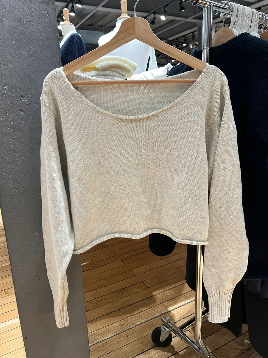 Raw Trim Knit Cropped Sweater Women Autumn Scoop Neck Long Sleeve Cotton Oversized Jumper Solid Simple Sweet Loose Crop Top Y2k