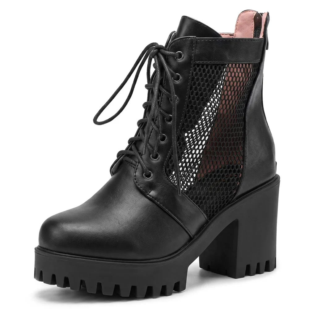 Women's Hollow Mesh Platform Ankle Boots 8CM Block Heel Lace Up Back Zipper Combat Punk Gothic Short Boots Plus Size 33-43 159-2