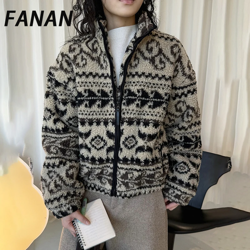 

FANAN модные теплые пальто из овечьей шерсти для женщин контрастного цвета, кардиган на молнии с длинными рукавами, женская верхняя одежда, новинка зимы 2023 г.