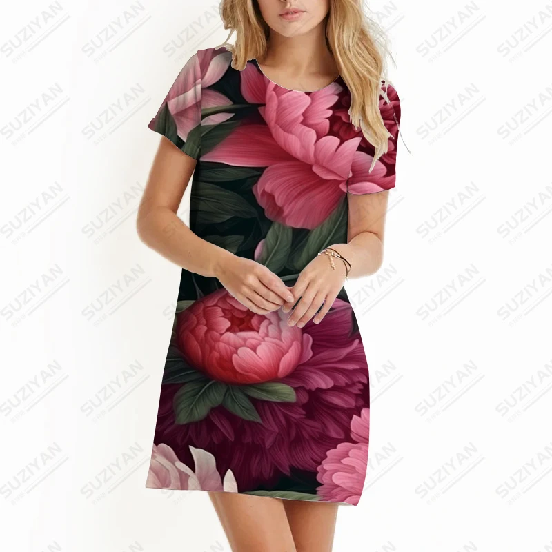 2023 Summer Women's Elegant Casual Dress Gorgeous Flower 3D Printing Dress Fashion Versatile Short-sleeved Dress