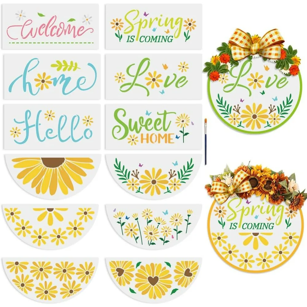 12pcs Daisy Flower Welcome Stencil for Painting on Wood Floral Plant Half Round Stencils 12inch Free Combination Spring Summer