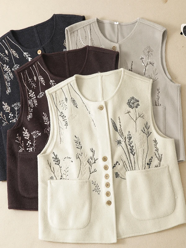 Autumn Winter Embroidered Woolen Vest round Neck Single Button Outerwear Fashionable Versatile Women's Loose Fit Blouse