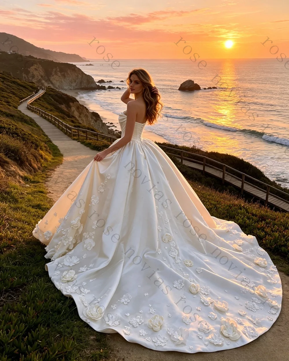 Customized Satin Strapless Flower Ball Princess Wedding Dress 2026 New Product Luxurious Sleeveless Fluffy Big Tail Bridal Gown