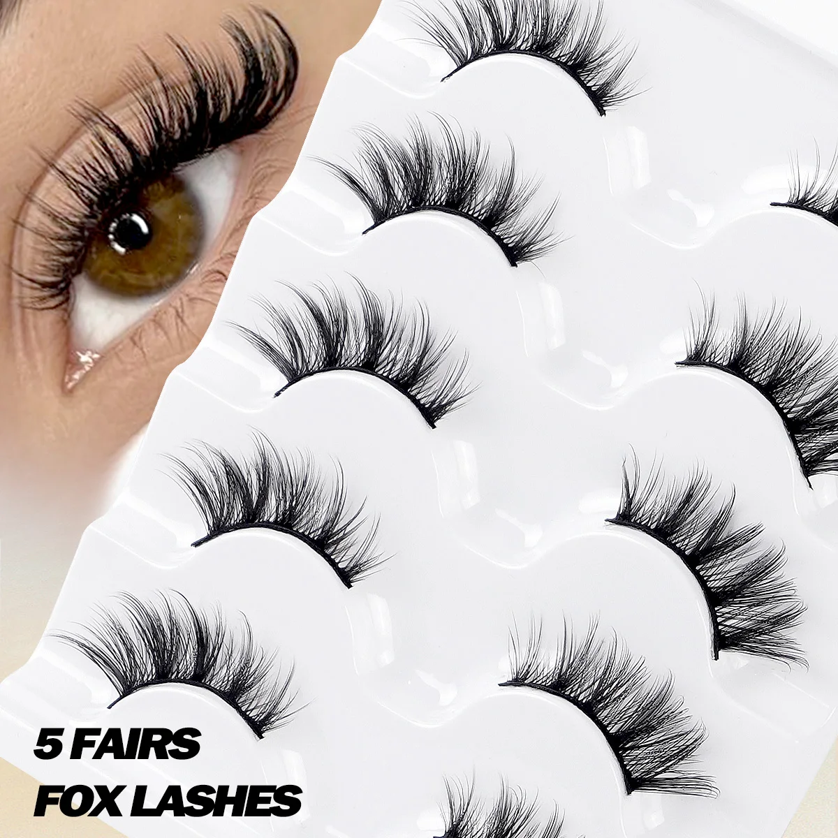 MAGEFY 5 Paar Fuchs-Wimpern, 8–16 mm, verlängerte Wimpern, Katzenaugen-Stil, um die Augen zu vergrößern, Augenschönheitszubehör für Frauen/Anfänger