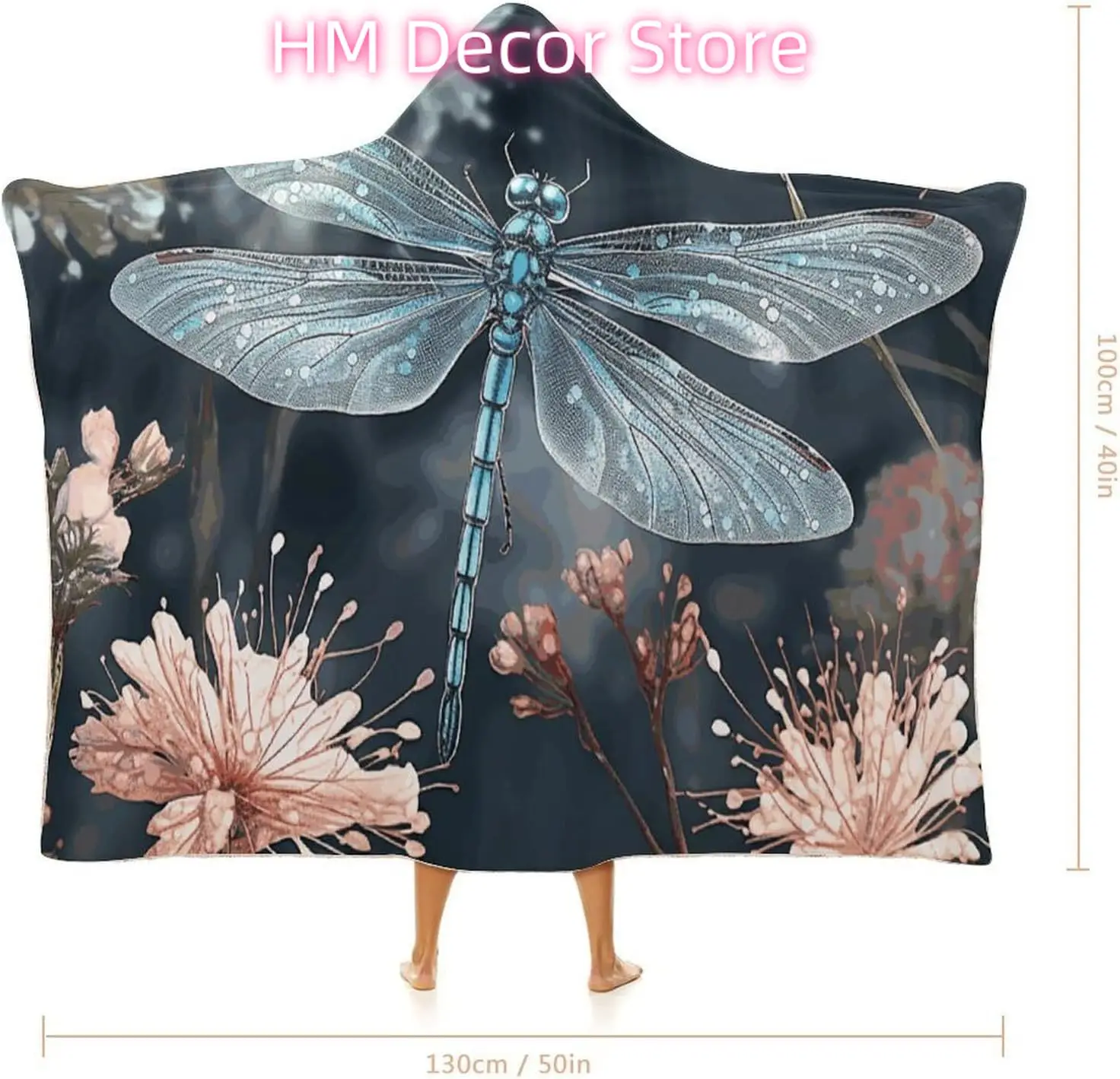 Dragonfly Flower Wearable Hooded Blanket, Ultra Soft Arctic Velvet Cape Cloak Unisex - Cozy Wearable Blanket
