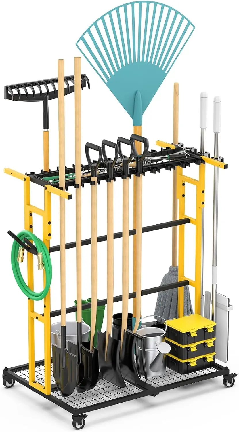 

Garage Organization Cart with Wheels, Outdoor Garden Shed Tools Organizer, Home Storage for Cleaning Supplies and Broom Holder