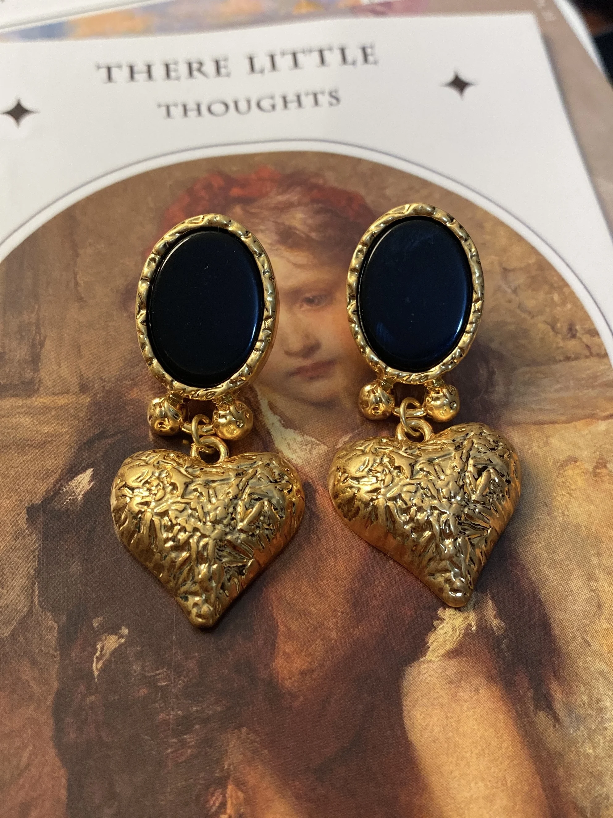 

Medieval black agate three-dimensional lava retro silver needle earrings