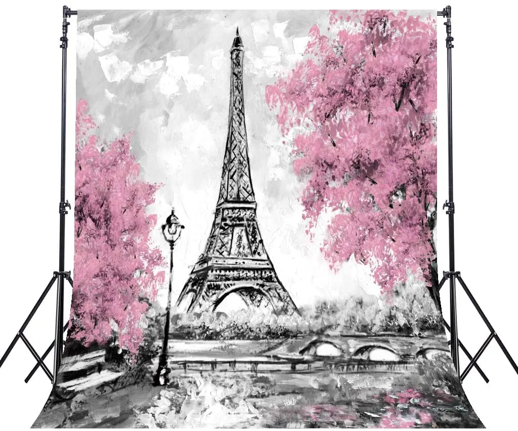 

Eiffel Tower Photography Backdrop Gray Paris Background Pink Black And White Scenic Decor Celebration Props Party Photo Shoot