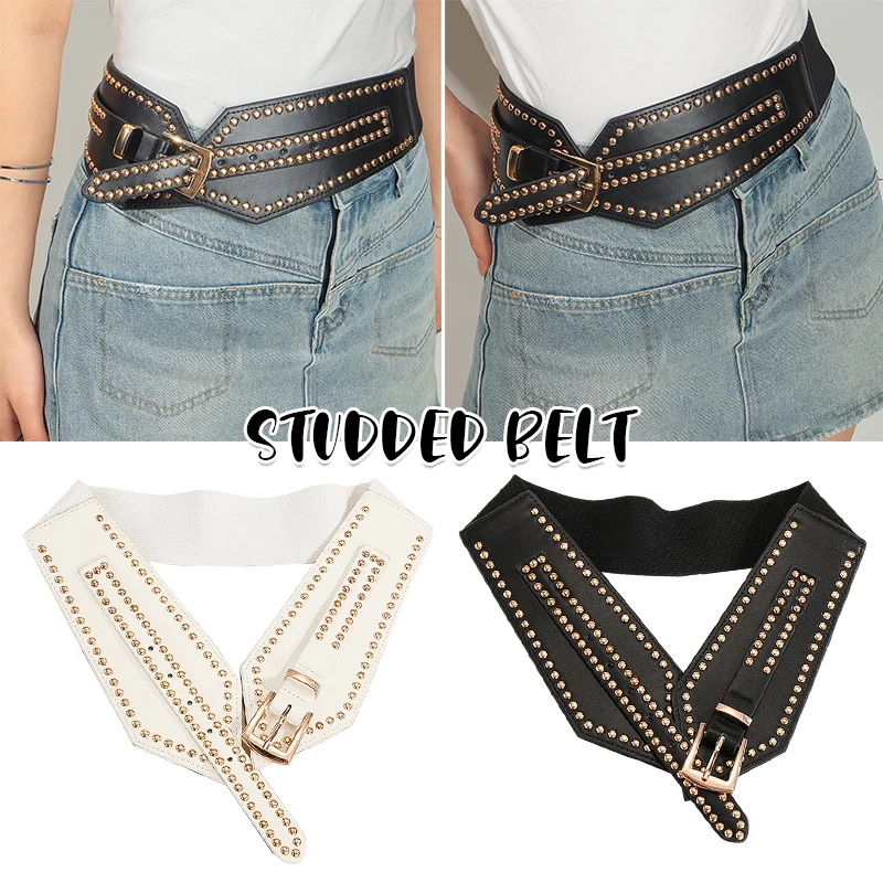 Nieuwe Zwart Wit Klinknagel Asymmetrische Riem Esthetische Streetwear Punk Riem Chique Leren Amerikaanse Retro Stijl Elastische Riem Vrouwen