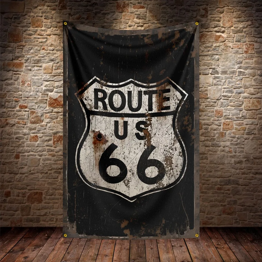 3X5Ft U.S. Route 66 Motorcycle Flag Polyester Digital Printing Car Banner For Decor