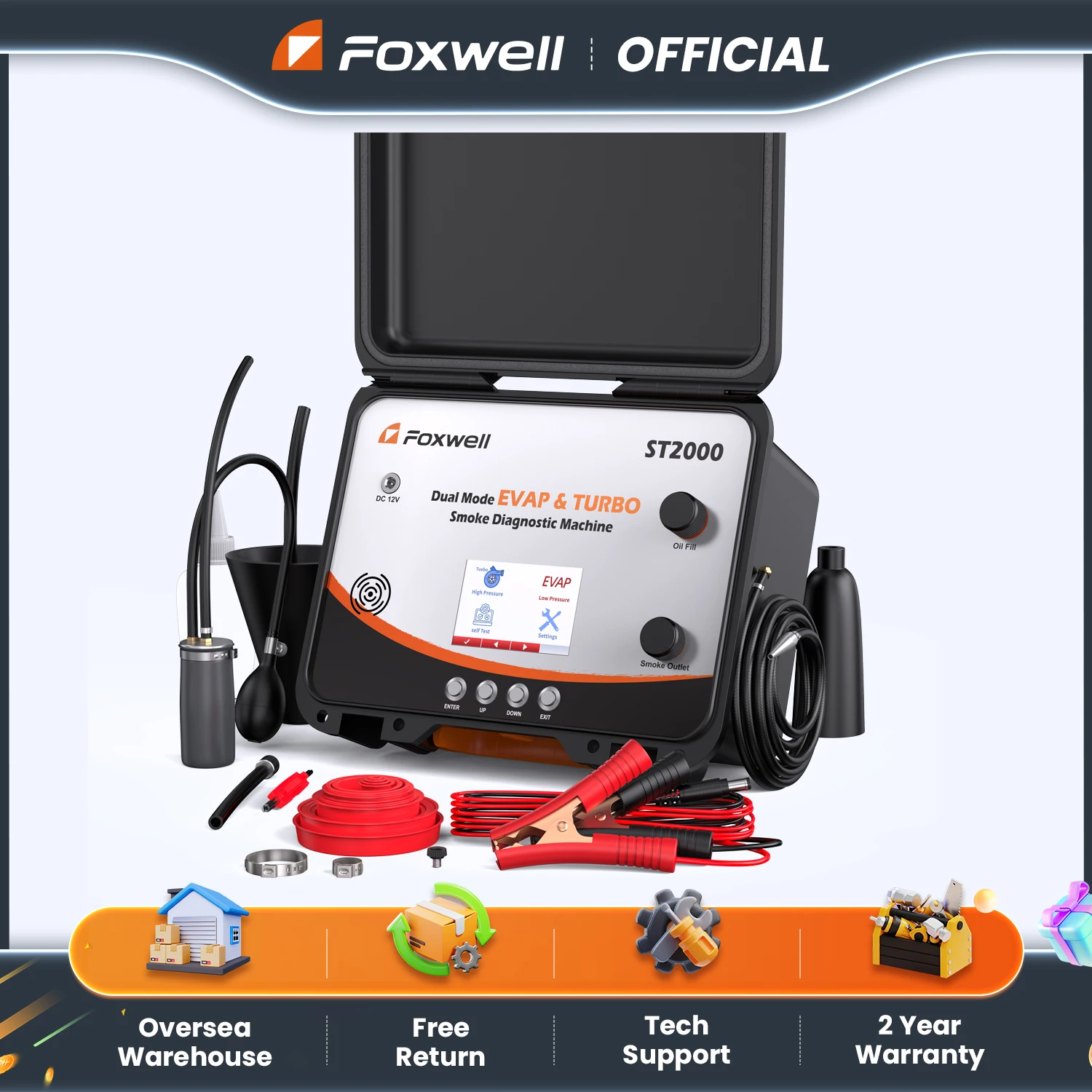 FOXWELL ST2000 Automotive Smoke Machine Built-in Air Pump Digital Display Dual Mode Leak Tester for EVAP & Turbo System Tools