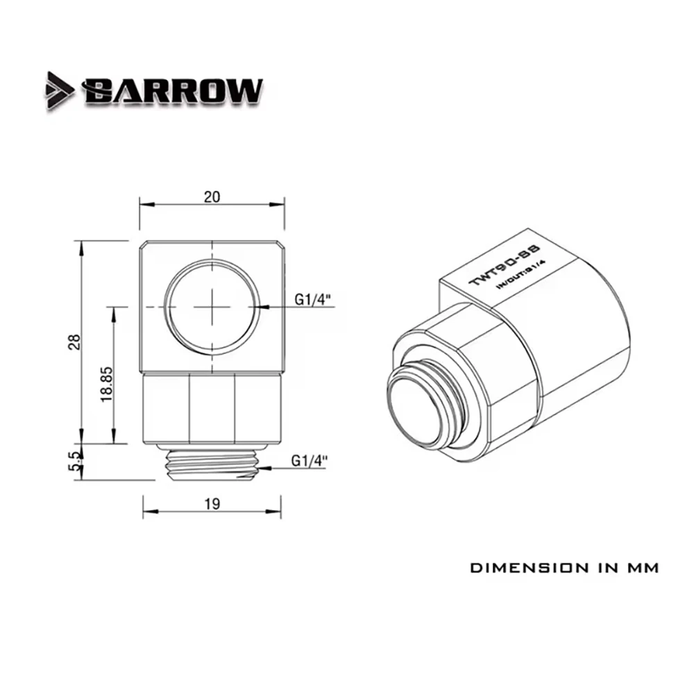 Barrow 2Pcs Water Cooling 90° Rotary Adapter Fitting, Rotatable Elbow, G1/4'' Thread Connector