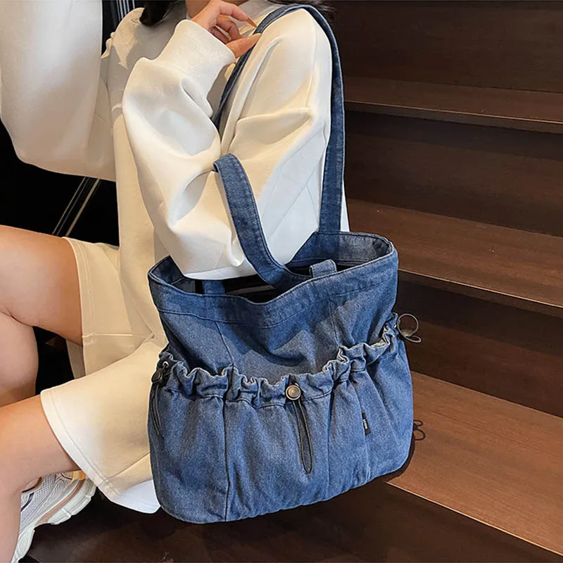 Ladies' Handbag 2026 Leisure Denim Bucket Bag New Fashionable Women'S Shoulder Crossbody Bags Large Capacity Commuting Tote Bags