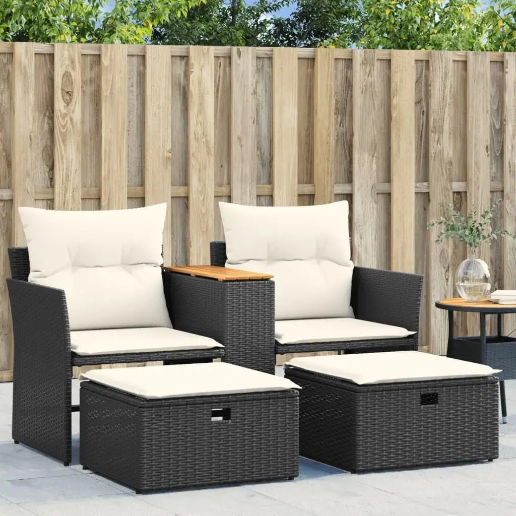 Black Poly Rattan 2-Seater Patio Sofa Set with Stools - Stylish Outdoor Seating