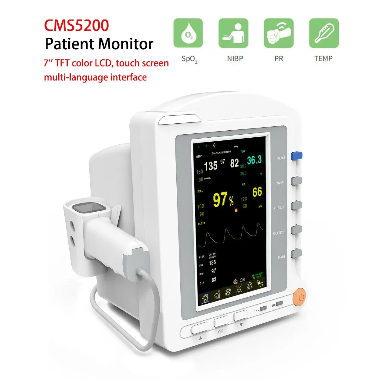 

Contec CMS5200 Patient Monitor NIBP SPO2 TEMP Monitor 3 parameters Touch Screen with Infrared Thermometer Vital Sign Monitoring