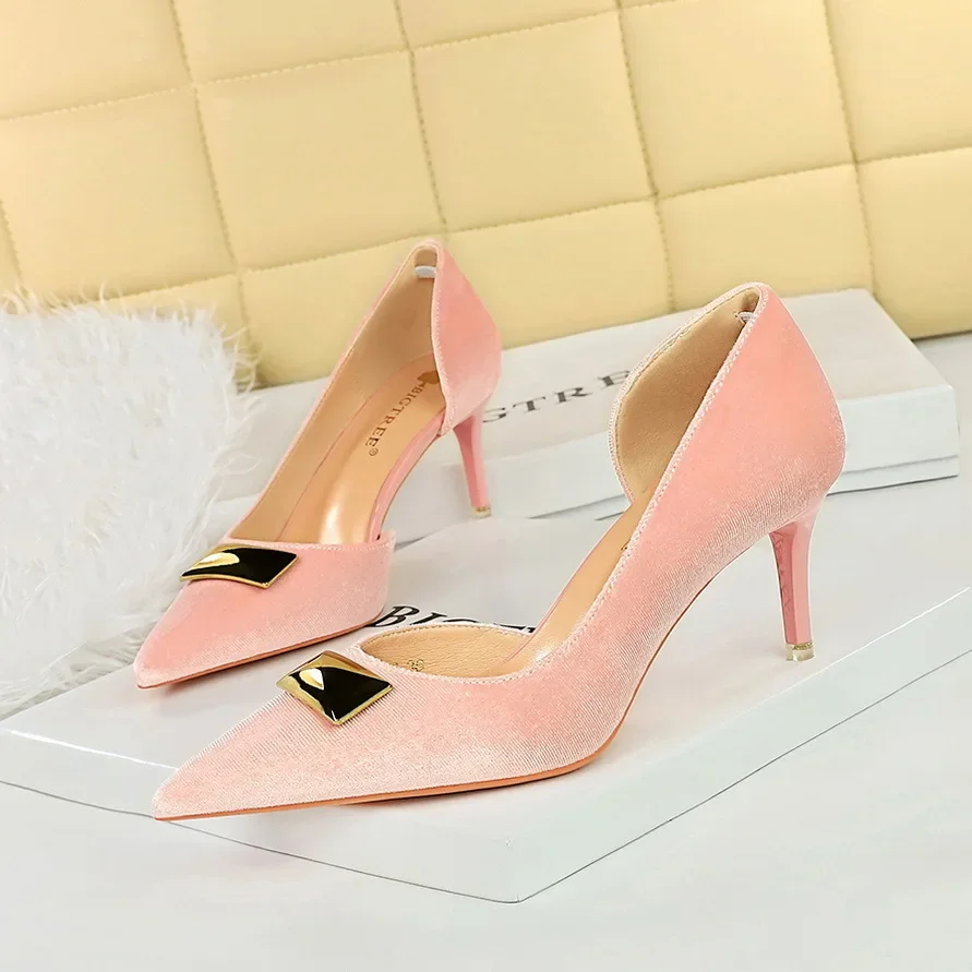BIGTREE Western Style 7cm High Heels Side Hollow Pumps Lady Luxury Designer Metal Buckle High Heels Stiletto Black Prom Shoes image 4