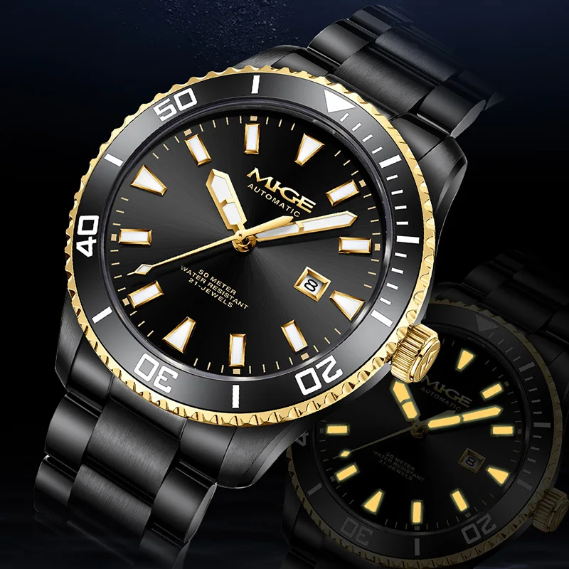 ساعات ماركة MIGE للرجال أوتوماتيكية ذاتية اللف للرجال، تقويم من الفولاذ المقاوم للصدأ، مقاومة للماء، ساعات يد ميكانيكية للرجال