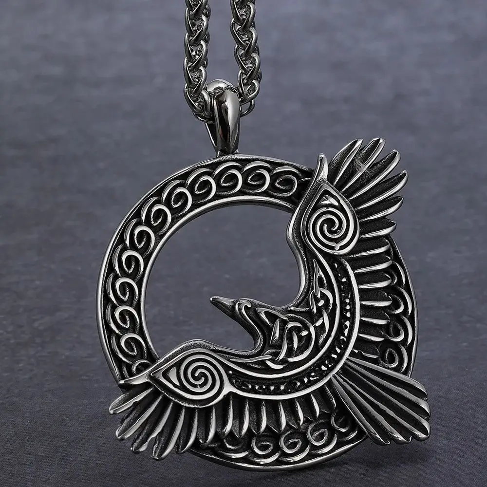 Nordic Viking Triangle Odin Raven Huginn and Muninn Necklace Pendant Amulet Stainless Steel Men‘s Fashion Jewelry Gift Wholesale