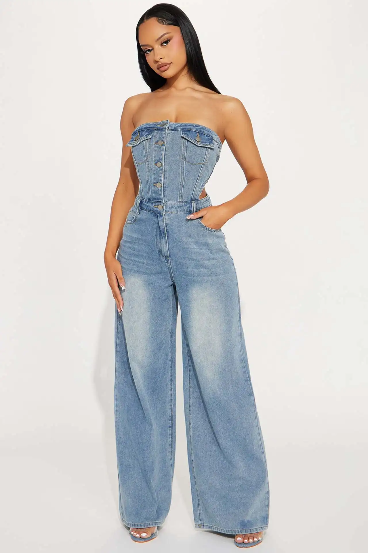 Women Jumpsuit Summer Sexy Sleeveless Strapless Hollow Out Elastic Denim Straight Jumpsuit Casual Lady Wide-Leg Jeans Jumpsuit
