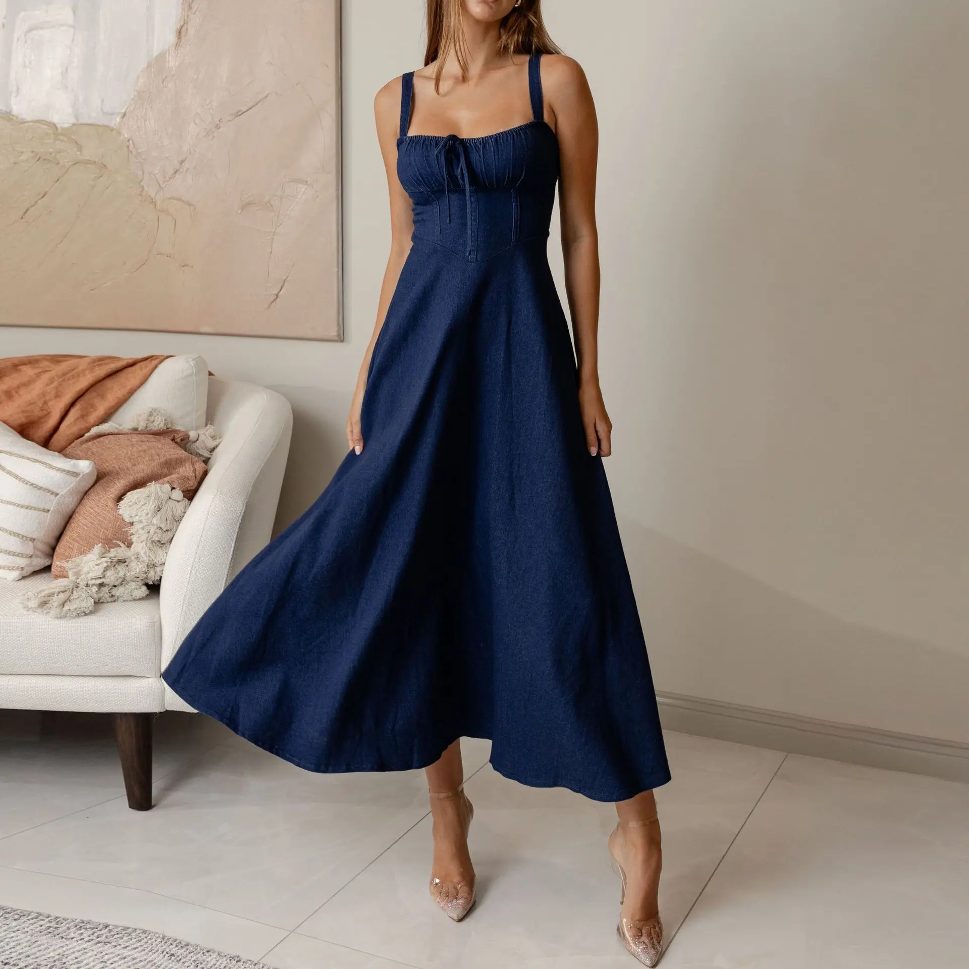 Denim Dress Women Sleeveless Sling Long Dresses A Line Solid Drawstring Elegant Vestidos Spliced Backless Summer Beach