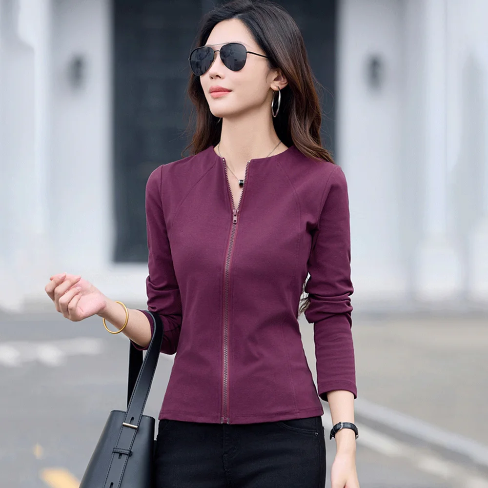 

Новинка Женщины Повседневная футболка Весна Осень Мода О-образный вырез Длинный рукав Футболка на молнии Простота Основной Тонкая талия футболка Женский