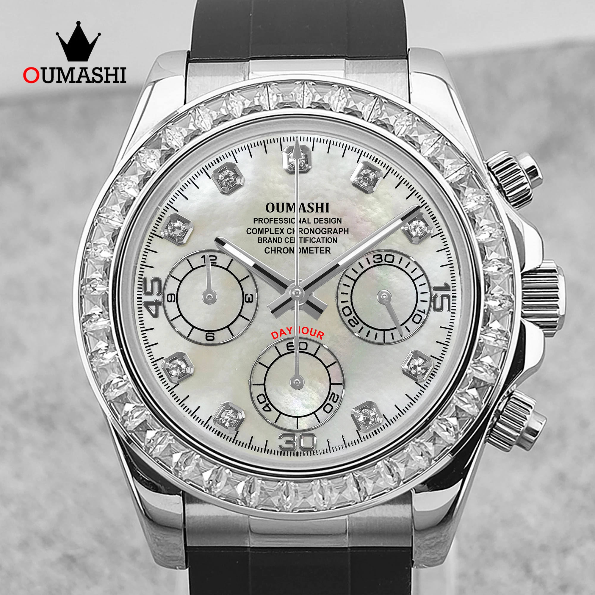 OUMASHI VK63 39.3mm Diamond Bezel Mother-of-Pearl Men’s Watch, 6-Hand Chronograph, Customizable Logo or Pattern