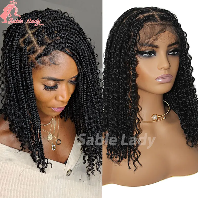 Synthetische Full Lace Bohemia Box Gevlochten Pruiken 12 Inch Korte Bob Pruiken Voor Zwarte Vrouwen Godin Knooploze Bob Cornrow Gevlochten Pruiken